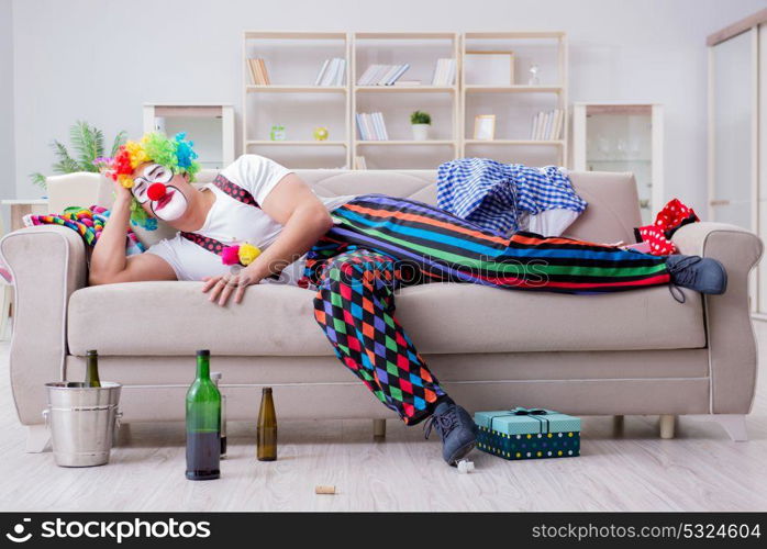 Drunk clown celebrating having a party at home