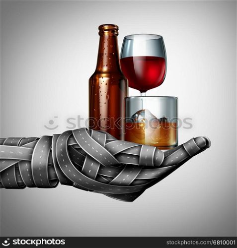 Drunk driving and drinking on the highway under the influence as a group of roads shaped as a hand holding alcoholic drinks as beer wine and whiskey as a transportation criminal offence as a 3D illustration.