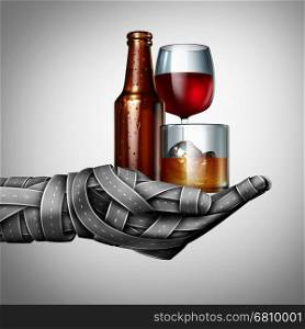 Drunk driving and drinking on the highway under the influence as a group of roads shaped as a hand holding alcoholic drinks as beer wine and whiskey as a transportation criminal offence as a 3D illustration.
