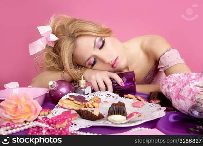 drunk party princess barbie pink fashion woman on messy table