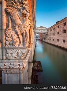 Drunkenness of Noah Sculpture and Bridge of Sighs at Sunrise, Venice, Italy