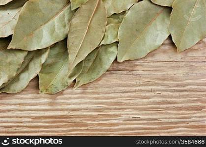dry bay leaf on an old wooden board