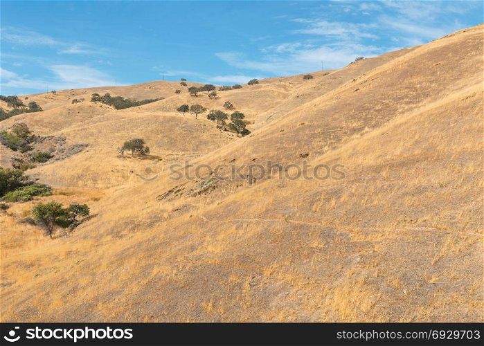 Dry brown hills along Pacheco Pass near Los Banos, California