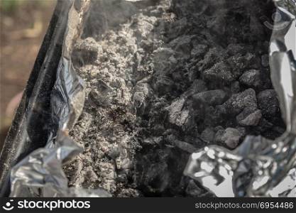 Dry charcoal and Ash inside a grill. Dry charcoal and Ash inside a grill - Close Up