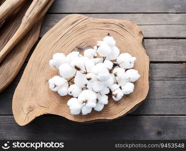 Dry cotton branches with fluffy flowers on wooden table. World Cotton Day