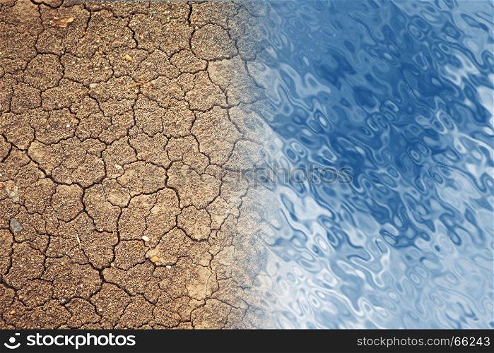 Dry cracked earth and water as background