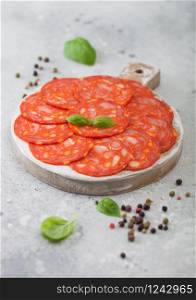 Dry-cured chorizo sausage slices with a distinctive spicy paprika flavour with basil and pepper on round wooden chopping board and light background.