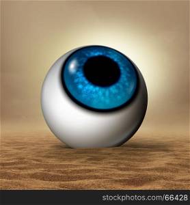 Dry eye disease medical concept as a human eyeball in an arid desert as an opthalmology or optometry symbol for vision organ symptoms of dryness and hudration therapy with 3D illustration elements.