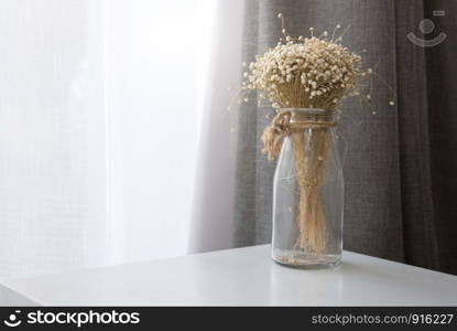 Dry flower in transparent glass vase bottle at living room. Decoration and interior concept.