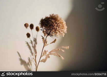 dry flower with a beige empty wall. Illustration Generative AI 