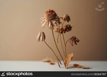 dry flower with a beige empty wall. Illustration Generative AI 