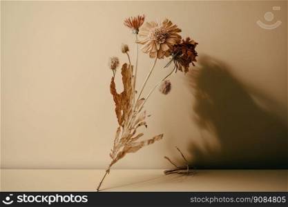 dry flower with a beige empty wall. Illustration Generative AI 