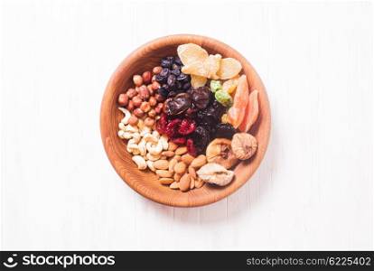 Dry fruits and nuts in bowl on wooden table. Copy space background - close up healthy sweets. Dry fruits and nuts