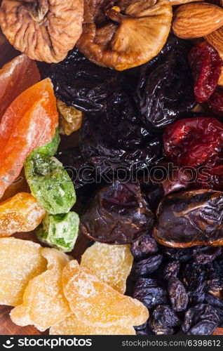 Dry fruits close up top view as a background. Dry fruits and nuts