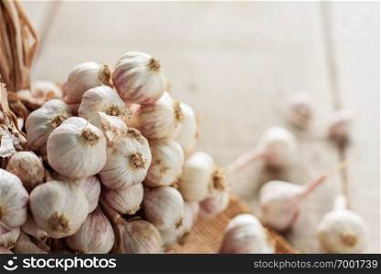Dry garlic on the wooden floor.