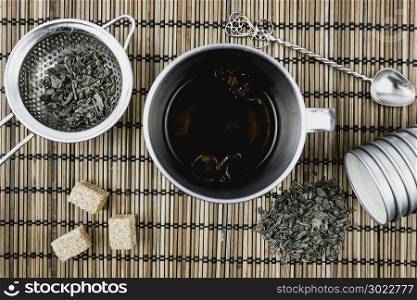 Dry green tea. Objects for tea. Tea ceremony.