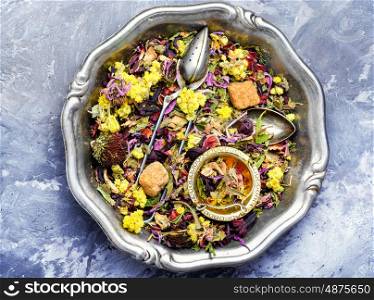 Dry herb tea. Herbal medicinal flowers and inflorescences for tea