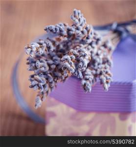 Dry lavender bunch and gift box, shallow DOF