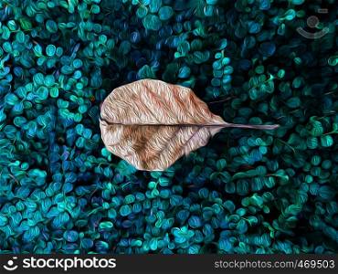 Dry leaf on green lawn illustration water colour graphic background - Natural season change wallpaper concept