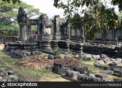 Dry leaves and temple, Angkor, Cambodia