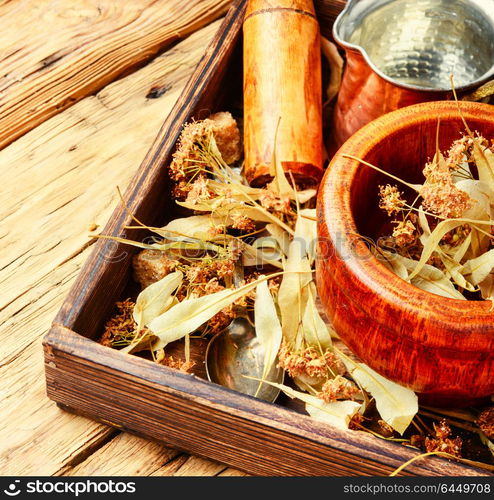 dry linden leaf. blossoming linden, used for the preparation of healing tea.Herbs medicine