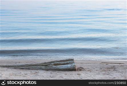 Dry log on the sandy shore at the edge of wavy water in the evening. Natural cool water background with space for copy. White Nights Season, Republic of Karelia, Russia.