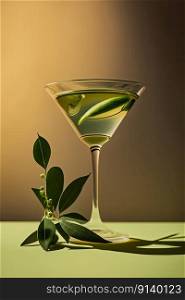 Dry Martini with Lime on Sage Green Background. Illustration Generative AI 