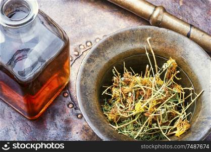 Dry medicinal hypericum.Medicinal herbs and alternative medicine. Hypericum healing plant