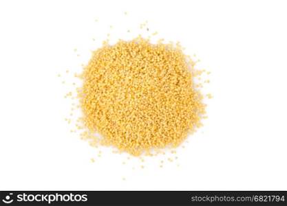 Dry millet isolated on white. Top view or flat lay. Healthy food and diet concept