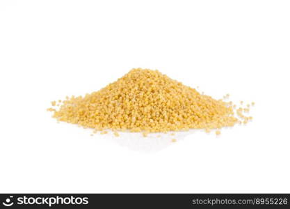 Dry millet isolated on white. Top view or flat lay. Healthy food and diet concept