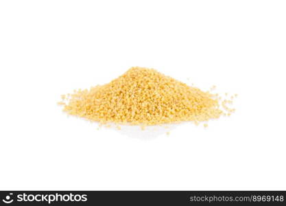 Dry millet isolated on white. Top view or flat lay. Healthy food and diet concept