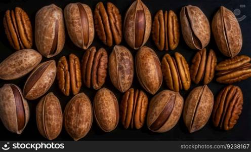 Dry organic Pecan Nuts top view background. Healthy nuts. Generative AI.. Dry organic Pecan Nuts top view background. Healthy nuts. Generative AI