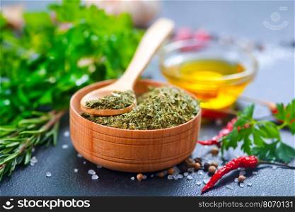 dry parsley and other spice on a table