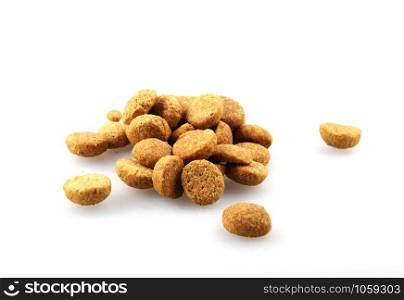 Dry pet food against white background