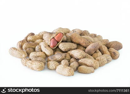 Dry roasted peanuts isolated on white background.