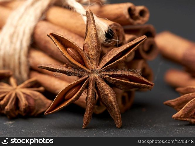 dry star anise with a bunch of brown cinnamon sticks tied with a rope, close up
