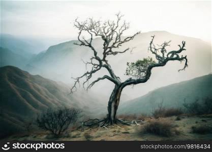 Dry tree on a green mountain covered with fog. Illustration AI Generative