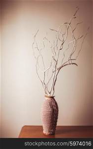 Dry wood branches in knitted vase for decorations. Empty dry wood branches