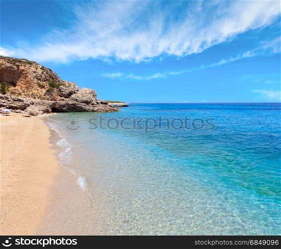 Drymades beach, Albania. Summer Ionian sea coast view. Blue sky with some clouds.