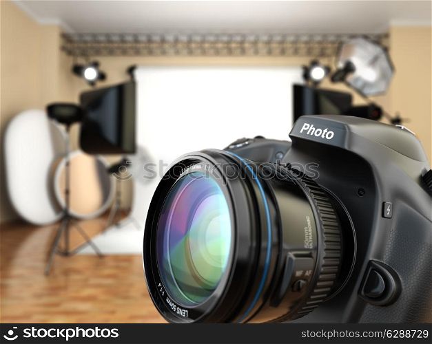 DSLR camera in photo studio with lighting equipment, softbox and flashes. 3d