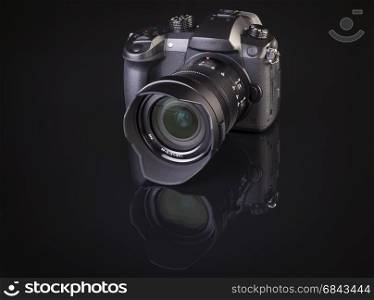 Dslr professional photocamera on black background