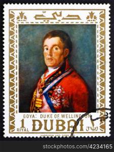 DUBAI - CIRCA 1967: a stamp printed in the Dubai shows Duke of Wellington, Painting by Francisco Goya, circa 1967