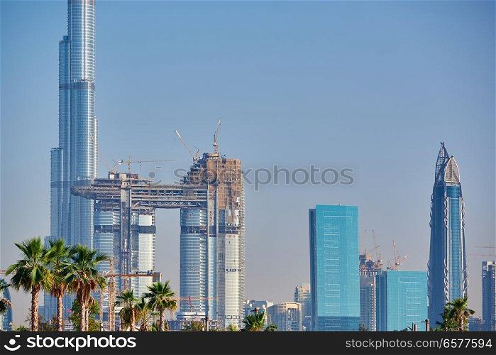 Dubai daytime skyline in United Arab Emirates