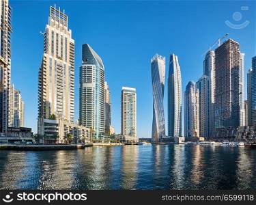 Dubai marina daytime skyline in United Arab Emirates