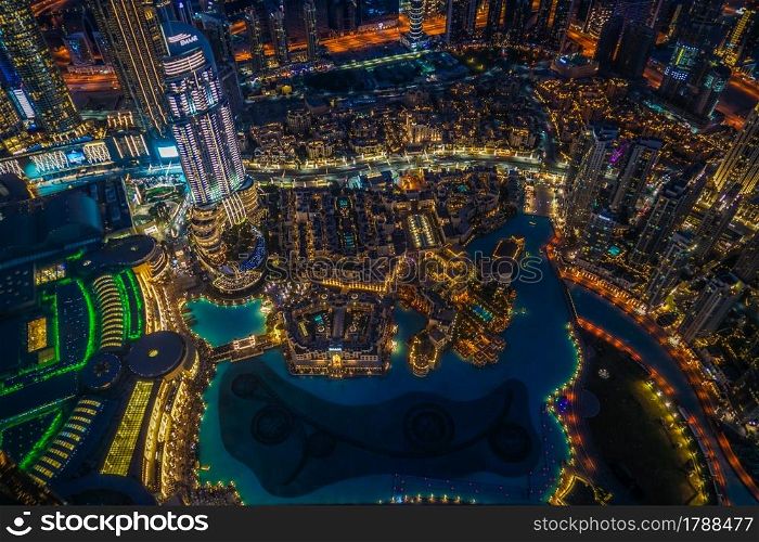 Dubai night view seen from the observation deck of Burj Khalifa. Shooting Location: Dubai