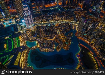 Dubai night view seen from the observation deck of Burj Khalifa. Shooting Location: Dubai