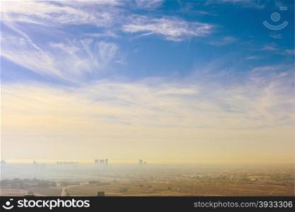 Dubai skyline, United Arab Emirates. Desert and city.