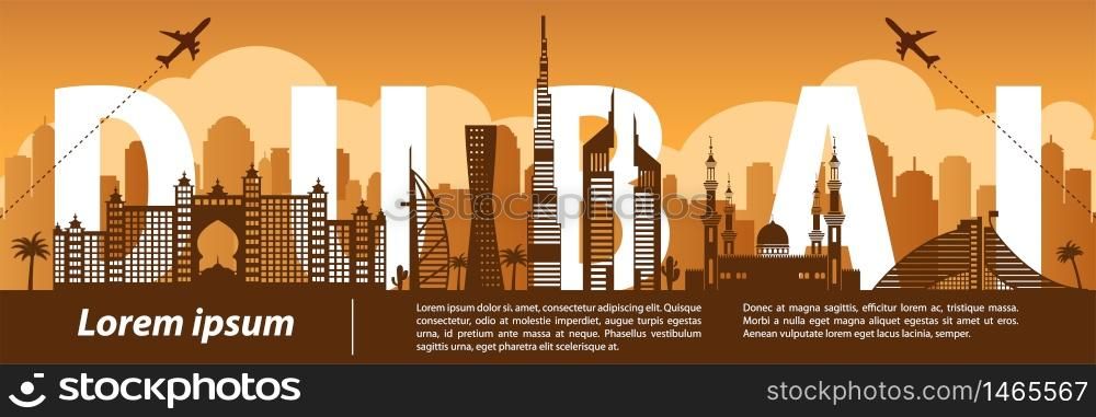 Dubai top famous landmark silhouette style,Taiwan text within,travel and tourism,vector illustration