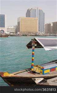 Dubai, UAE, An abra docked in Bur Dubai on Dubai Creek, Deira.