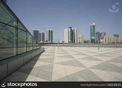 Dubai, UAE, Architectural detail of Emirates Towers plaza and surrounding buildings